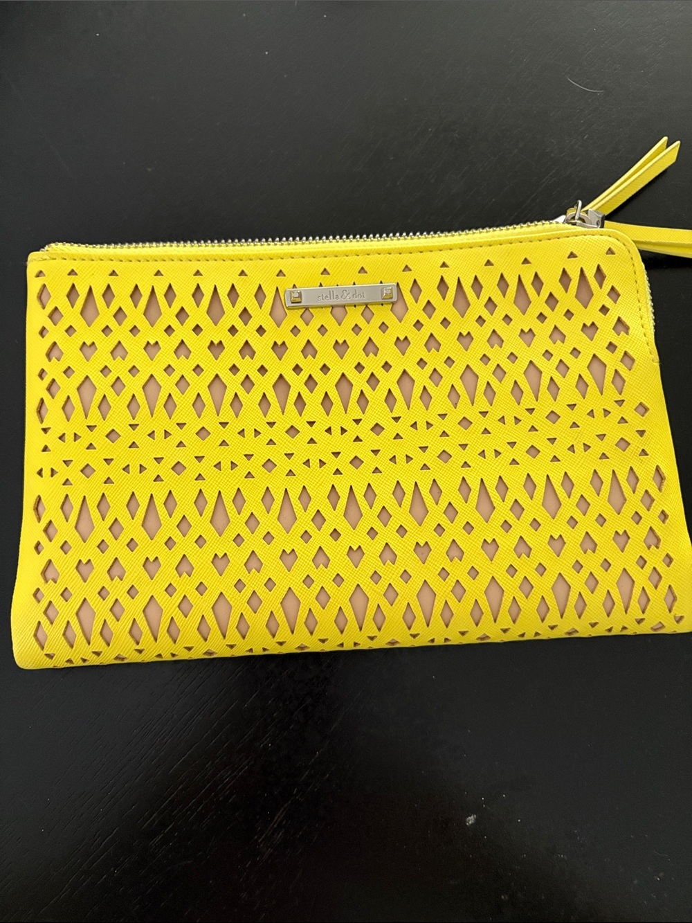 Stella & Dot Yellow Laser-Cut Wristlet with Nude Underlay